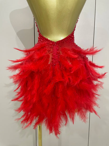 Backless Halter Dress - Women's Party Mini Sheath With Rhinestone & Feather Details