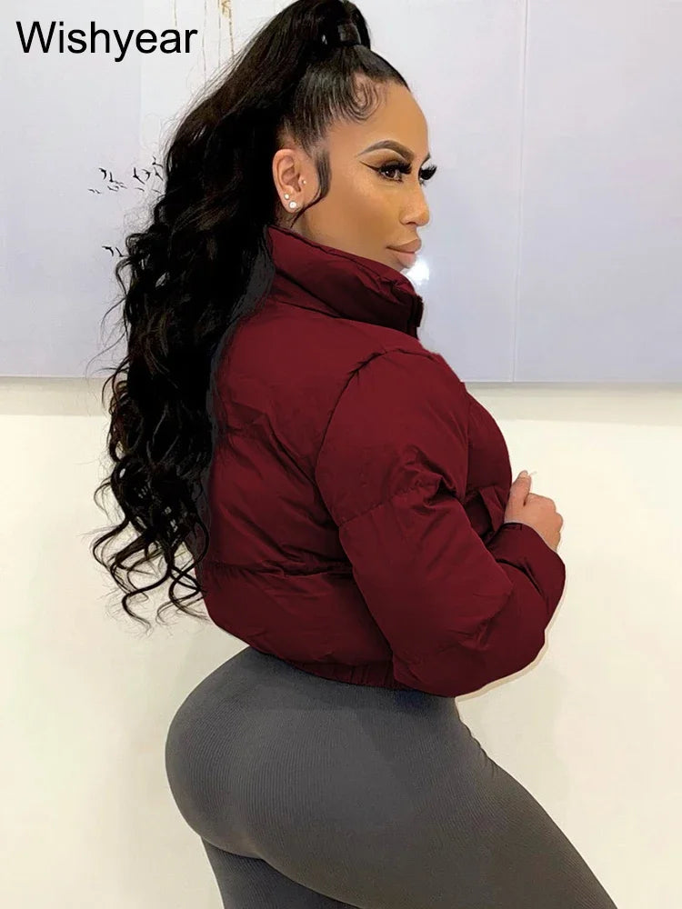 Winter Thick Warm Cotton Down Jacket Women Clothing Gray Zipper Short Puffer Parkas Coats Outwear Female  Crop Tops Streetwear
