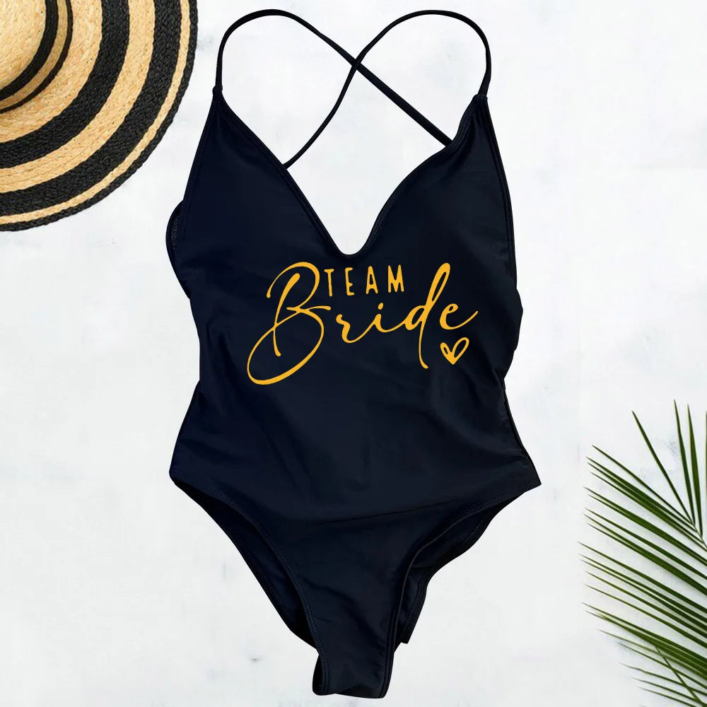 Pink Gold Print One Piece Swimsuit Team Bride Love Sexy Bathing Suit Padded Swimwear Women Bikini Bachelor Party Swim Beachwear