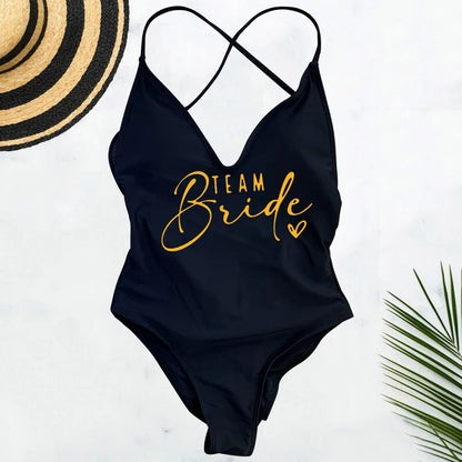 Pink Gold Print One Piece Swimsuit Team Bride Love Sexy Bathing Suit Padded Swimwear Women Bikini Bachelor Party Swim Beachwear