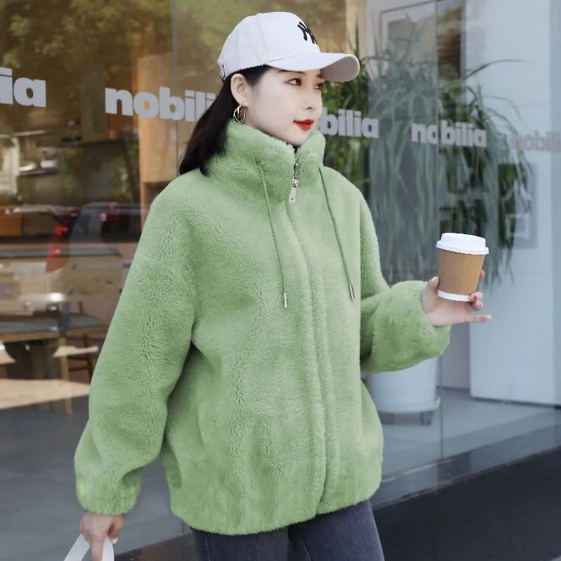 Women Winter Coat - Coral Fleece Jacket With Plush Stand Collar & Zipper Closure
