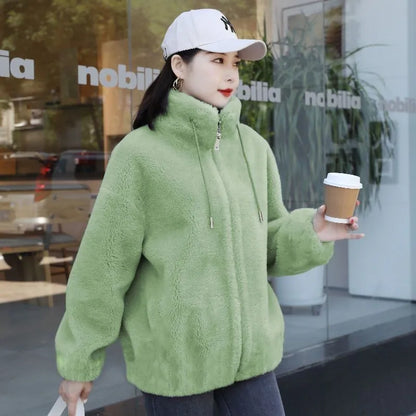 Women Winter Coat - Coral Fleece Jacket With Plush Stand Collar & Zipper Closure