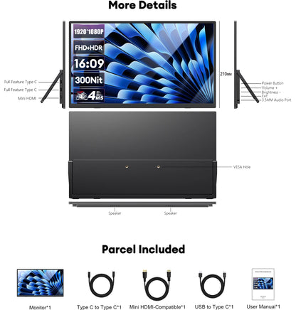 Portable Gaming Monitor 15.6 Inch FHD IPS Panel Display With Back Stand - Ultrathin