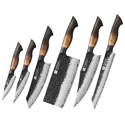Damascus Knife Set - 67-Layer Steel with White Oak  Red G10 Handles 1-6 Pieces