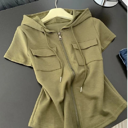 2026 Zebra Print Zip Up Hoodie Women's Clothing Hooded Short Sleeve Sweatshirts Y2k Tops Punk Causal Tees Fashion Summer Hoodies