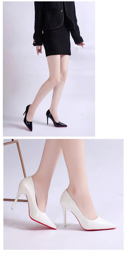 White Nude Pointed Toe Patent Leather High Heels Sexy Red Sole Party Prom Girl Pumps Minimalist Shallow Mouth Work Single Shoes