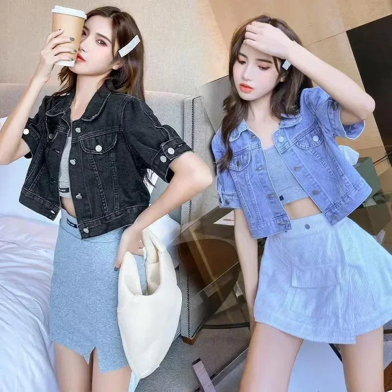 Fashion Buttons Casual Jean Coat Cropped Denim Jacket Women Summer Loose Korean Solid Short Sleeve Turn Down Collar Outerwear