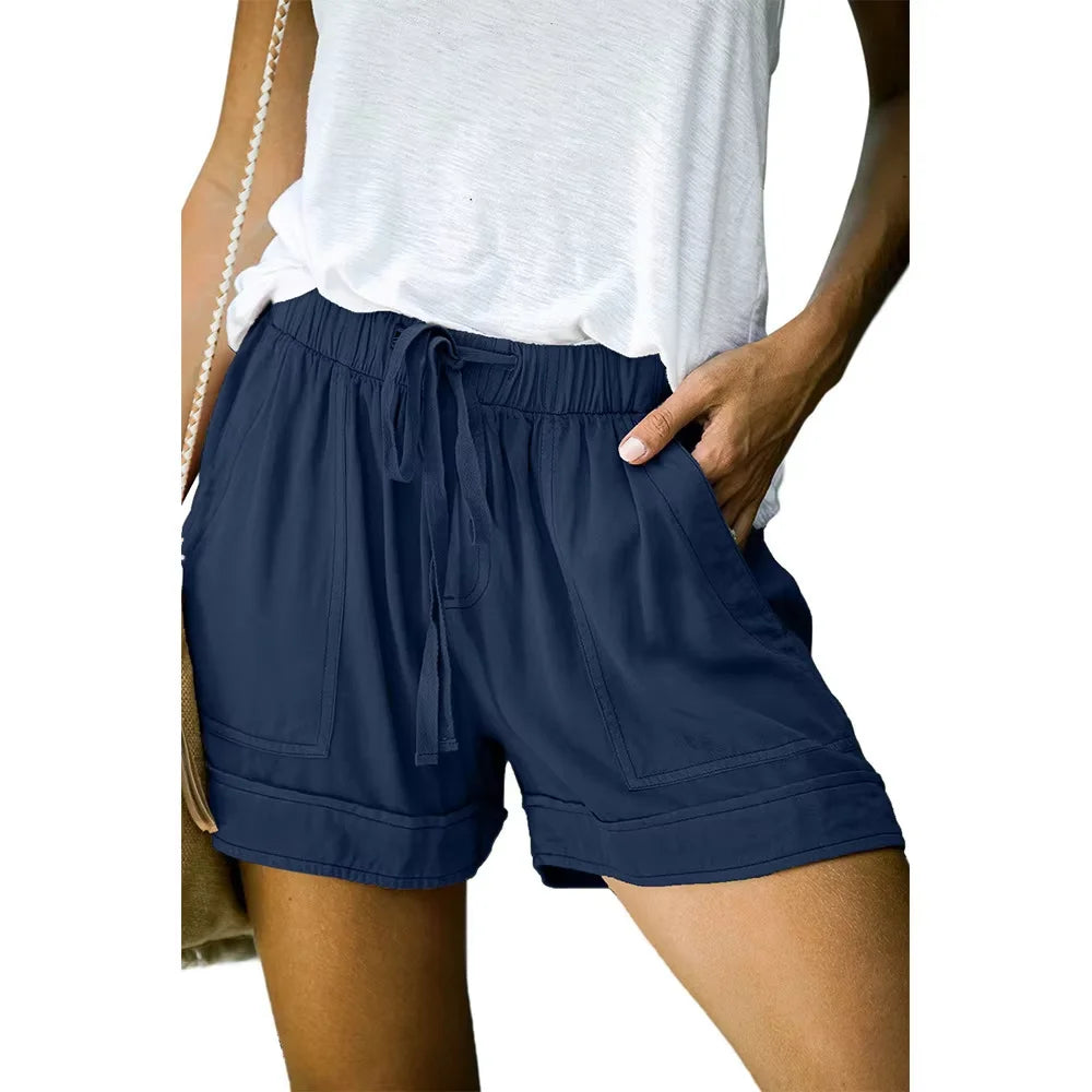 High-Waisted Lace-Up Casual Shorts for Women Summer 2025 Loose Fit Wide Leg Twill Pants European American Style