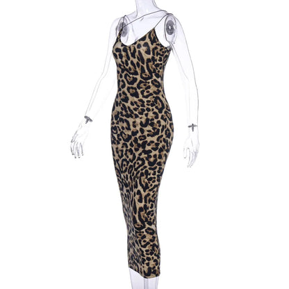 Leopard Sleeveless Dress - Slim Fit High Waist Spaghetti Strap Summer Party Gown