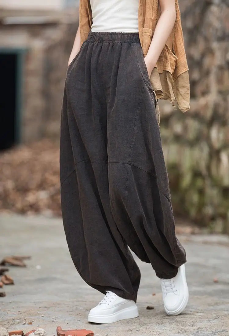 Elegant Women's Cotton Linen Baggy Cargo y2k Pants Vintage Elastic Waist Trousers Loose Casual Long Wide Leg Oversize Clothes