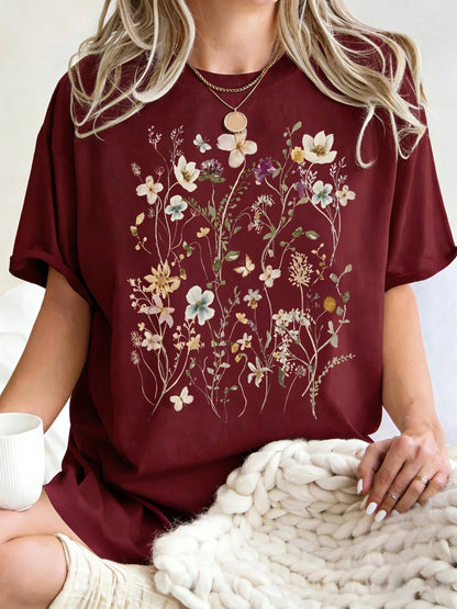 Beautiful Flower Clusters Printing Woman T-Shirt Summer Oversized Short Sleeve O-Neck Cotton T Shirts Y2K Women Sports Tops