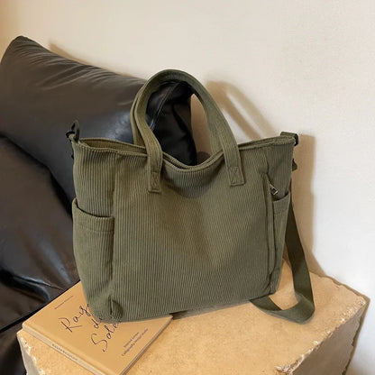 Corduroy Shoulder Bag - Large Capacity Crossbody Zipper Closure Purse