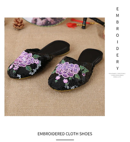 36-40 Women Slippers Sequin Embroider Shoes Summer Silk Fabric Flats Flower Closed Toe Soft Sole Non-slip Chinese Style Footwear