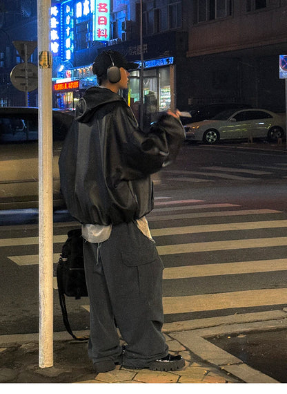 Mauroicardi Spring Autumn Short Oversized Black Soft Pu Leather Jacket Men with Hood Zipper Loose Casual Korean Fashion Clothes