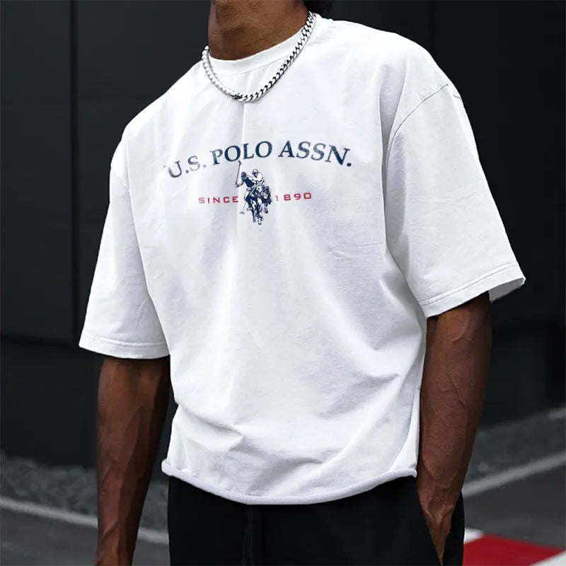 Simple Style Men's Cotton T-shirt Polo Letter Graphic Printing Casual Round Neck Men's Short-sleeved Top Free Shipping