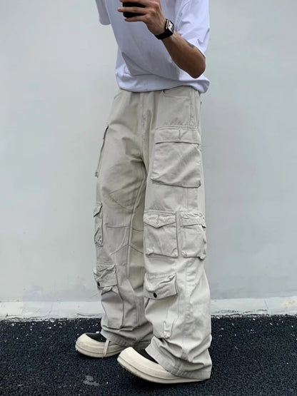 Spring Cargo pants New Popular Rice White Multi-pockets Overalls Harajuku stays Men Loose Casual Trousers Straight Mopping Pants