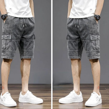 Harajuku Fashion Drawstring Designer Korean Luxury Boyfriend Multi Pocket Loose Casual Denim Jeans Men Summer Knee Length Shorts