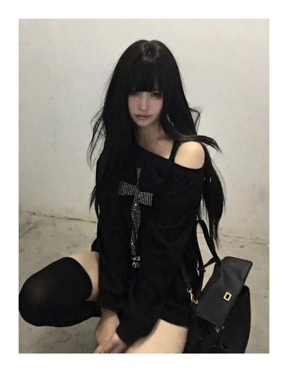 Seeslim Cross One-shoulder Graphic Hoodies Long Sleeve Black Women's Sweatshirts Harajuku Grunge 2000s Clothes Y2k Autumn Tops