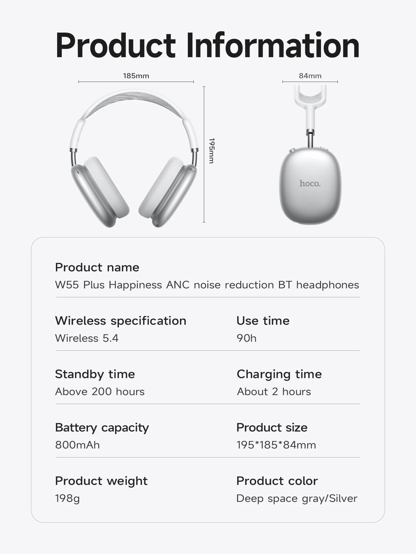 HOCO W55 Plus ANC Noise Reduction Over-ear Bluetooth 5.4 Headphones Wireless Sport Headset Head mounted For Smart Phone AUX mode