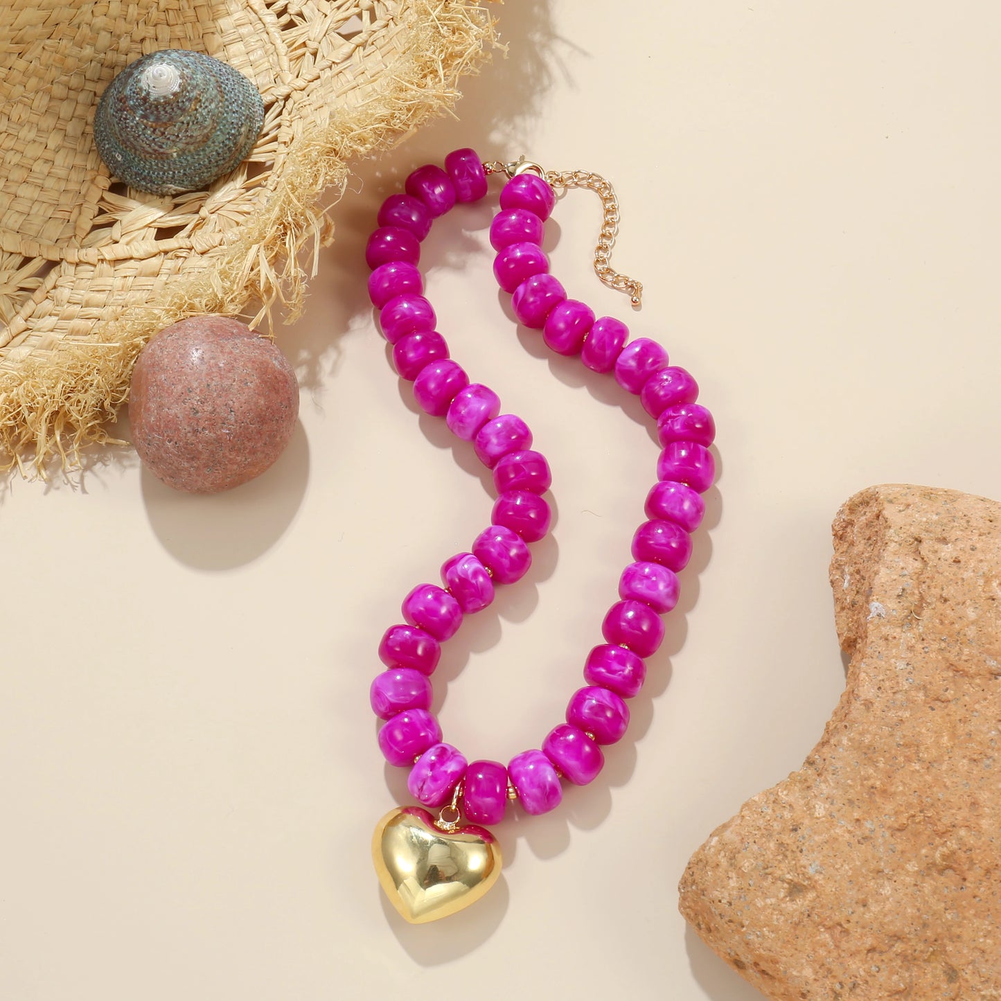 Badu Bohemia Colorful Acrylic Beaded Choker Necklace for  Women 14K Gold Plated Heart Pendant Summer Aesthetic Y2K Jewelry Gift