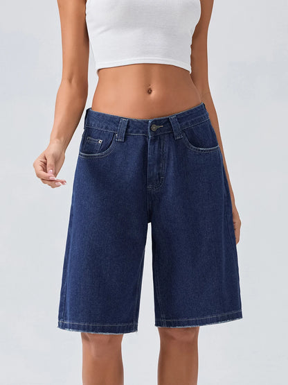 New Fashion Womens Knee Length Denim Shorts Loose Solid Color Low Rise Wide Leg Long Shorts With Pockets For Summer S-2XL