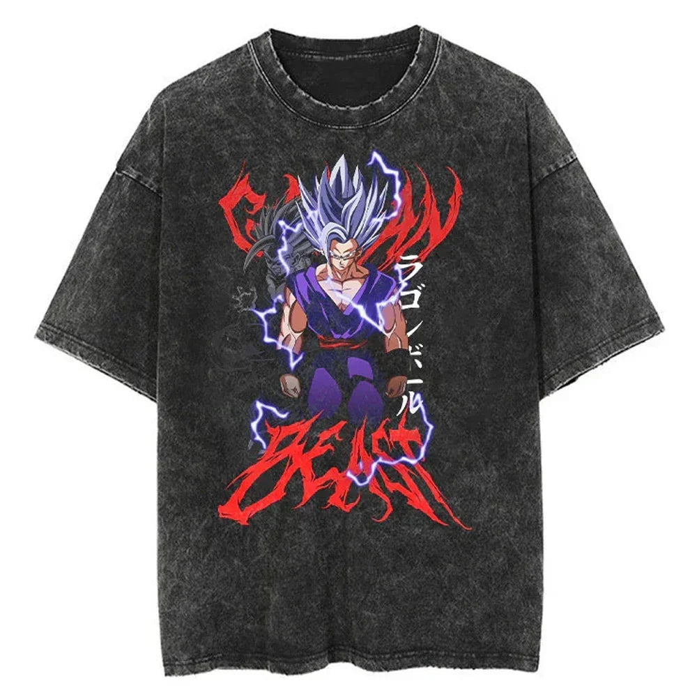 Men Streetwear Washed T Shirt Japanese Anime Dragon Ball Print T-Shirt Harajuku Cotton Casual Tshirt Summer Short Sleeve Tops