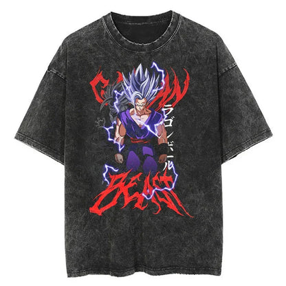 Men Streetwear Washed T Shirt Japanese Anime Dragon Ball Print T-Shirt Harajuku Cotton Casual Tshirt Summer Short Sleeve Tops