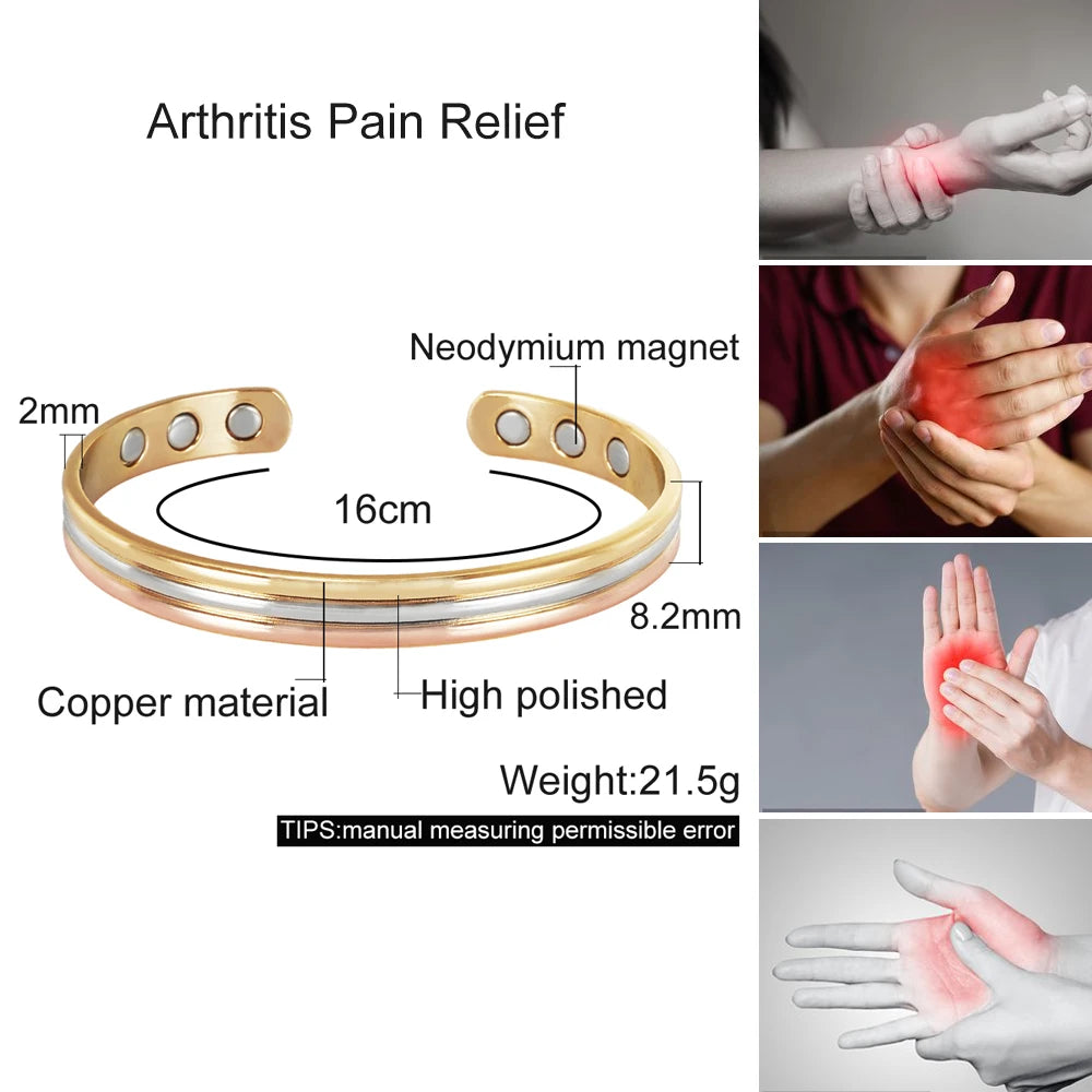 Vinterly Pure Copper Bracelets Magnetic Therapy Arthritis Lines Adjustable High Magnet Open Cuff 8mm Bangles Resizable Jewelry