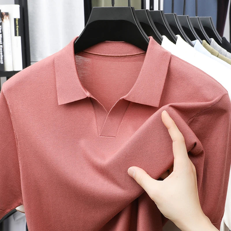 100%  Lyocell Knitwear 2025 Men Spring Summer Trendy Turn Down Collar Knit Tees Short Sleeve Breathable Knit Tops