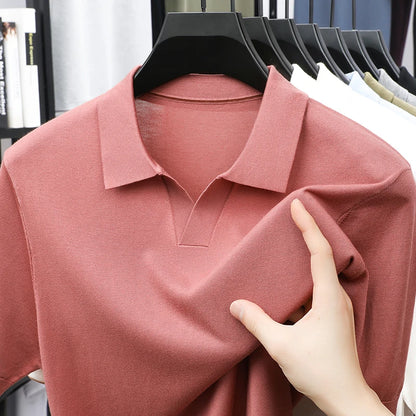 100%  Lyocell Knitwear 2025 Men Spring Summer Trendy Turn Down Collar Knit Tees Short Sleeve Breathable Knit Tops