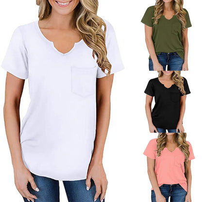 2024 Europe and the United States spring and summer new women's top V-neck pocket short sleeve loose T-shirt woman