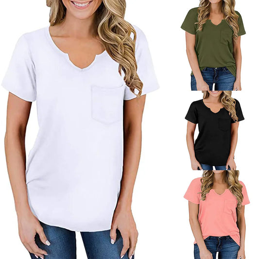 2024 Europe and the United States spring and summer new women's top V-neck pocket short sleeve loose T-shirt woman