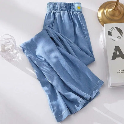 Spring Summer Ice Silk Wide Leg Jeans Loose Casual Pants Thin Lightweight Women's plus Size Elastic Waist Drapey Loose Fit
