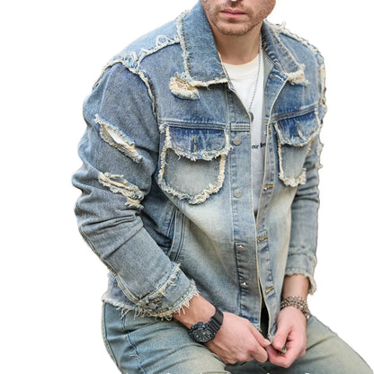Street Stylish Retro Style Holes Slim Street Denim Jacket Coat Good Quality Distressed Male Casual Denim Jacket