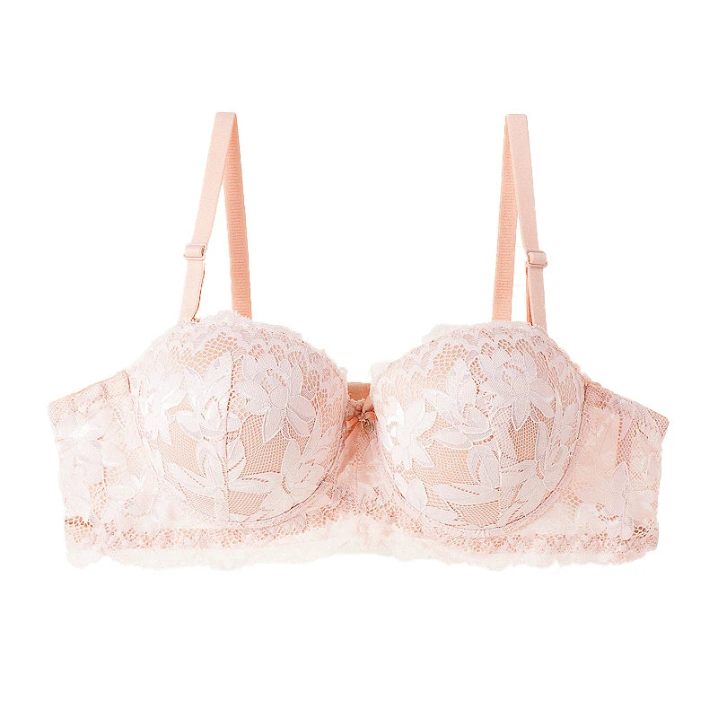 Women's Push Up Half Cup Bras French Lace Floral Bralette Thicken Bottom Gathered Underwire 36-42 A/B Cup Small Chest Underwear