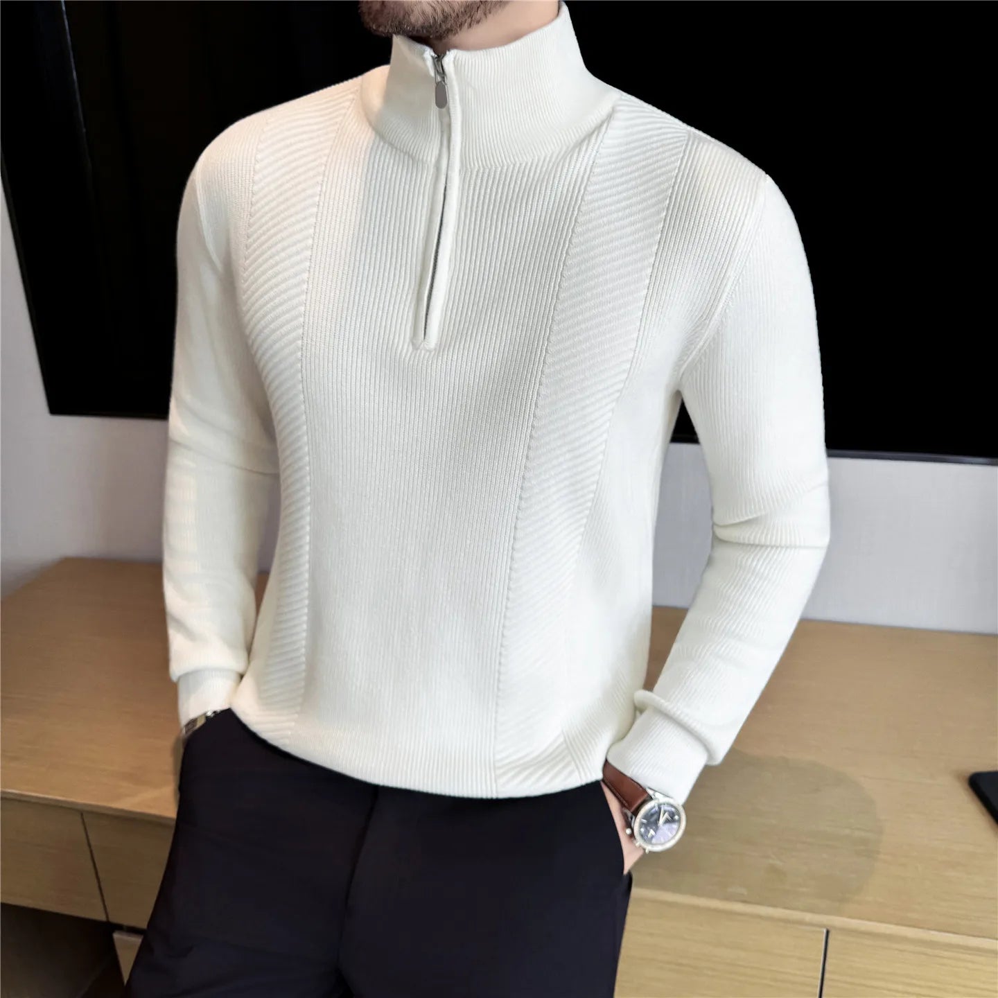 Men's Semi-Zip Knit Sweater - White (Gray/Black)  Winter Weight Fabric Fashionable Semi-High Neck Daily Wear