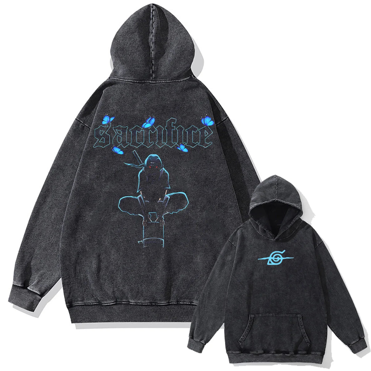 Men Washed Hoodie Sweatshirt Japanese Anime Naruto Print Hooded Pullover Hip Hop Harajuku Streetwear Cotton Vintage Hoodie