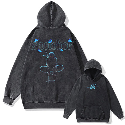 Men Washed Hoodie Sweatshirt Japanese Anime Naruto Print Hooded Pullover Hip Hop Harajuku Streetwear Cotton Vintage Hoodie