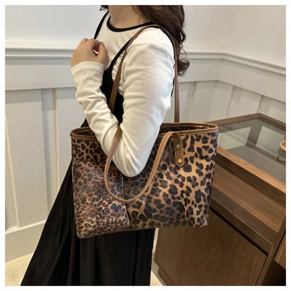Leopard Print Tote Bag - Women's PU Leather Large Capacity Casual Travel Purse
