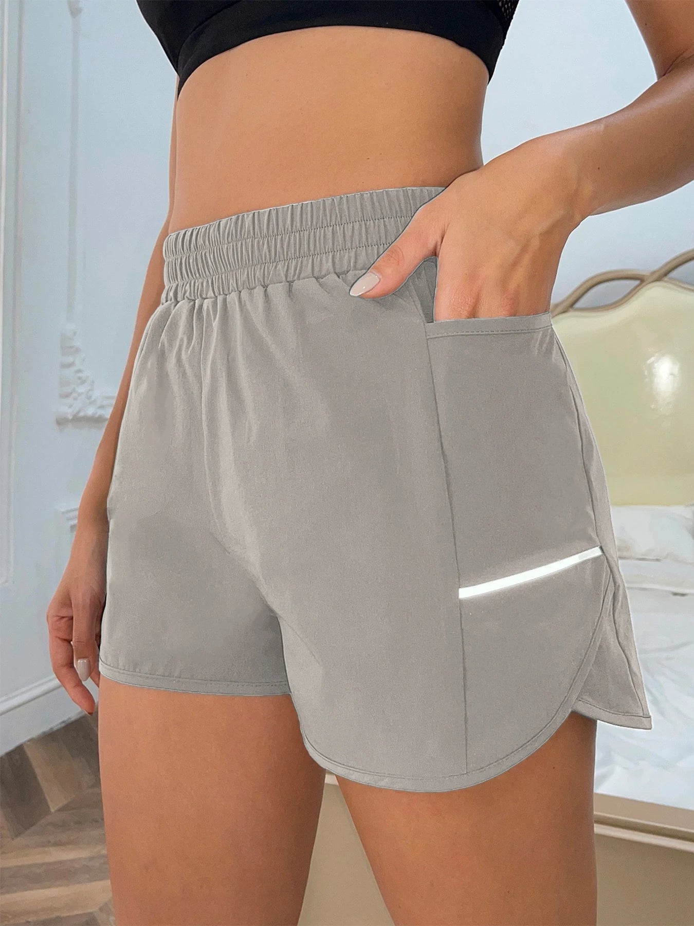 Women's Sports Shorts – Elastic Waist with Phone Pocket & Reflective Strips