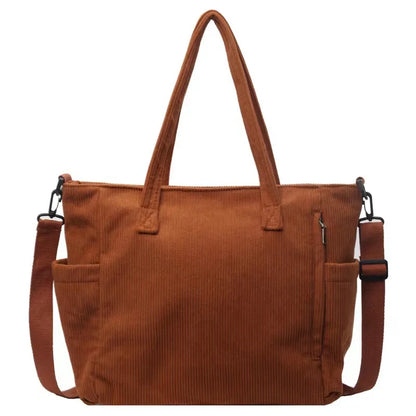 Corduroy Shoulder Bag - Large Capacity Crossbody Zipper Closure Purse