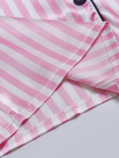 Striped Satin Pajama Set - Embroidered Pocket Sleepwear with Lapel Collar - ZOOMNSTORE