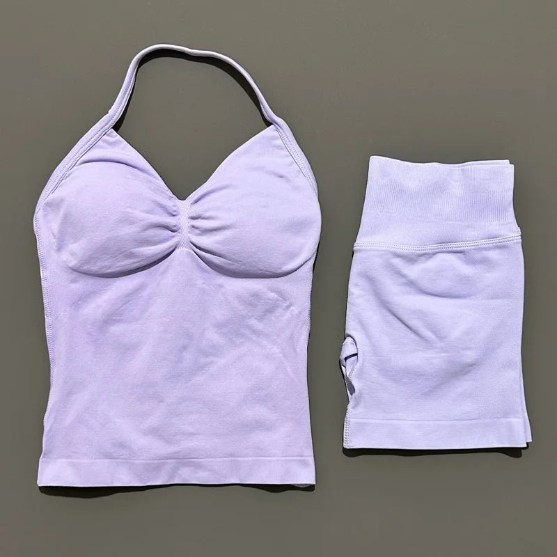 2Pcs HISTELLO Yoga Set Women Halter Tank Top Scrunch Butt Lifting Shorts Ruched Anti Chafe Quick Dry Gym Workout Sports Set