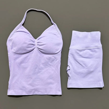 2Pcs HISTELLO Yoga Set Women Halter Tank Top Scrunch Butt Lifting Shorts Ruched Anti Chafe Quick Dry Gym Workout Sports Set