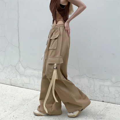 High Quality 2025 Cotton High Street Cargo Pants for Women Men with Ribbon High Waist Wide Leg Hip-hop Cool Dances Pants Ladies