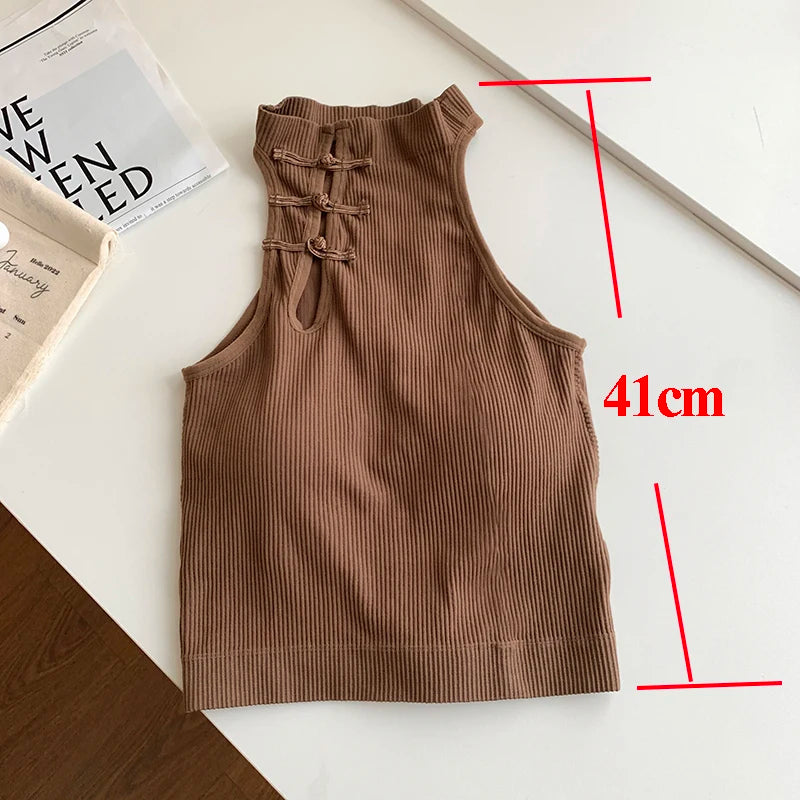 ITOOLIN Women Vintage Chinese Button Tank Tops With Bra Pad Halter Tops O-Neck Elegant Crop Tops Off Shoulder Tops For Women