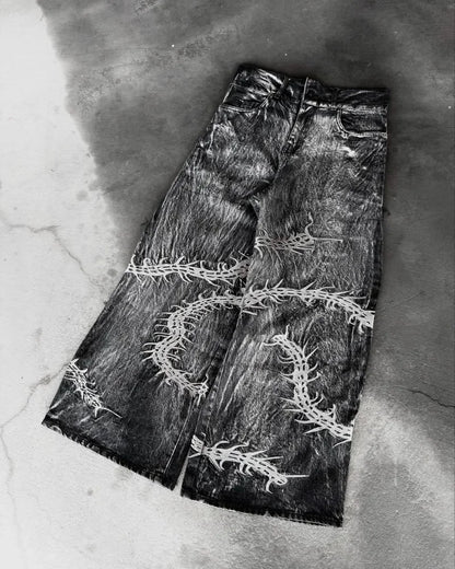 Y2K New Retro Centipede Embroidery Pattern Washed Oversized Wide-Leg Pants Street Gothic Harajuku Floor Pants For Men and Women