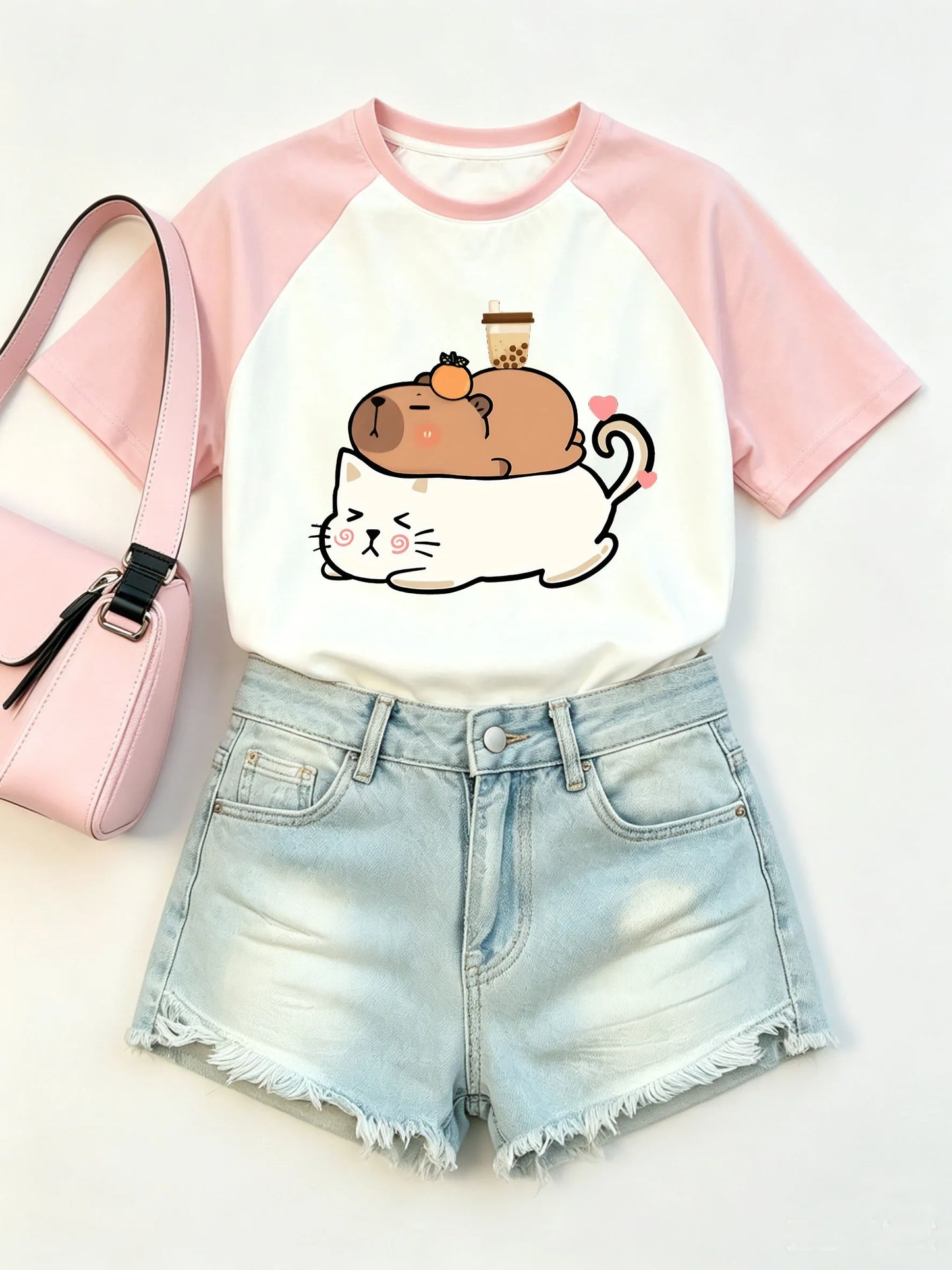 Kawaii Cat with Capybara Trendy T Shirts Short Sleeve Graphic Kids Children's T-shirt Boys Girls Casual Top Tee Summer Clothes