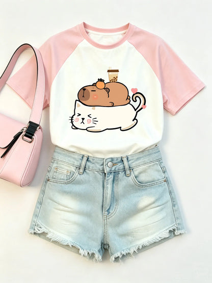 Kawaii Cat with Capybara Trendy T Shirts Short Sleeve Graphic Kids Children's T-shirt Boys Girls Casual Top Tee Summer Clothes