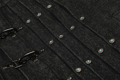 Mens Jacket Punk Vintage Streetwear Black Denim Short Coat Metal Buckle Studded Design Pleated Detail Retro Cool Hip Hop Fashion